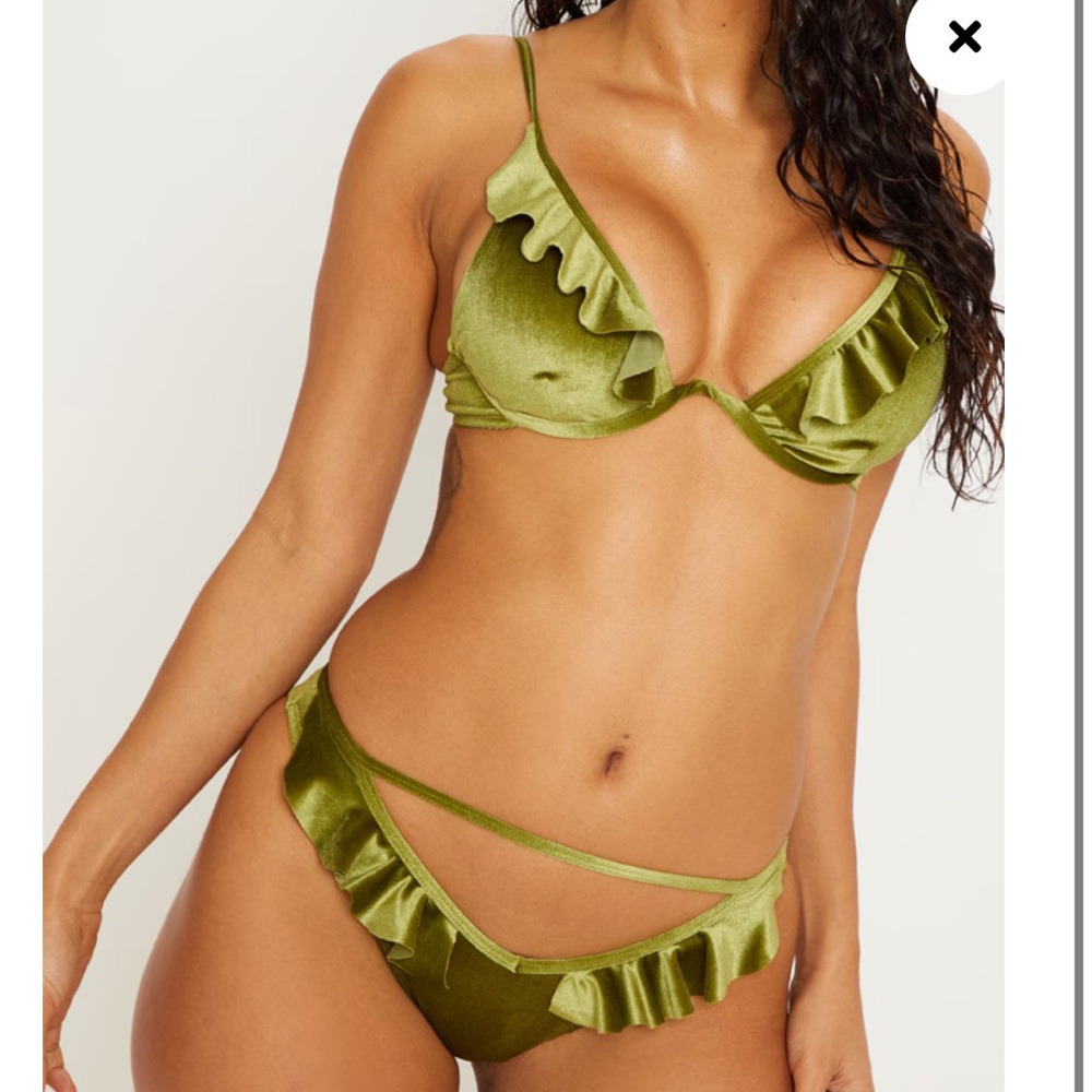 PrettyLittleThing Olive Velvet Frill Underwired Bikini Top And Bottom Set
